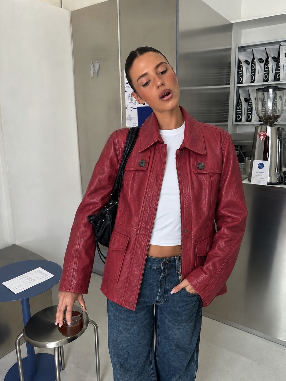 Women's Red Genuine Leather Jacket - Classic Collared Bomber